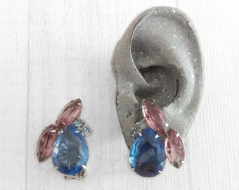 Vintage Blue and Pink Rhinestone Clip Earrings 1.1", Spring Pastel Jewelry, Silver Tone Metal, Warm Weather Accessory