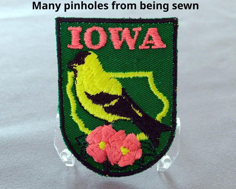 Used Vintage Iowa Patch 2.6", Embroidered Wild Rose, American Goldfinch, State Travel Souvenir, Des Moines, Cedar Rapids image 3
