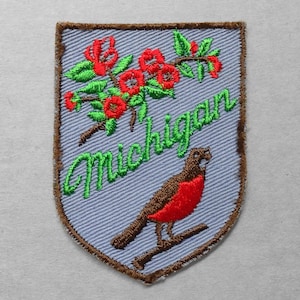 Used Vintage Michigan Patch 2.75&quot;, MI State Bird Flower, American Robin Apple Blossom, Detroit Travel, Lansing Souvenir, Ann Arbor