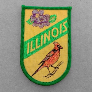 Used vintage Illinois woven patch with violet flowers and cardinal