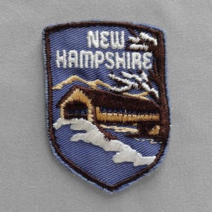 Used Vintage New Hampshire Patch 2.75", Covered Bridge, Granite State Travel Souvenir Collectible, Snowy Winter Scene, Portsmouth