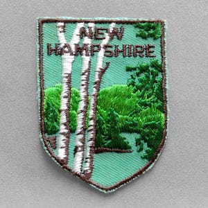 Used Vintage New Hampshire Patch 2.75", Birch Trees Mountains Forest, Manchester Souvenir, Embroidered New England Collectible