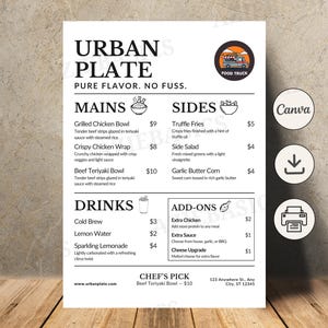 May include: A white menu for Urban Plate food truck, featuring mains, sides, drinks, and add-ons. The menu includes items like Grilled Chicken Bowl, Crispy Chicken Wrap, and Beef Teriyaki Bowl. The menu also has the food truck's logo.