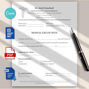 May include: A medical excuse note template with the text "Medical Excuse Note" and fields for patient information and medical details. A black pen rests on the document. Icons for Canva, Word, PDF, and DOC are in the image.