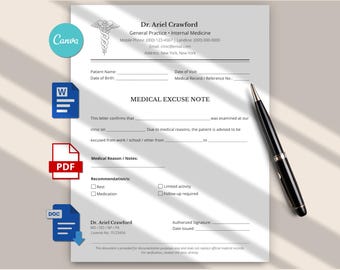 Modello di certificato medico modificabile, lettera di giustificazione medica per lavoro o scuola, pronto soccorso, giustificazione assenza scolastica, formato A4 e US Letter