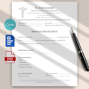 May include: A white medical excuse note template featuring the name Dr. Ariel Crawford, a caduceus symbol, and fields for patient details, dates, and medical recommendations. A black ballpoint pen rests on the right side of the document.