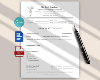 May include: A white medical excuse note template featuring the name Dr. Ariel Crawford, a caduceus symbol, and fields for patient details, dates, and medical recommendations. A black ballpoint pen rests on the right side of the document.