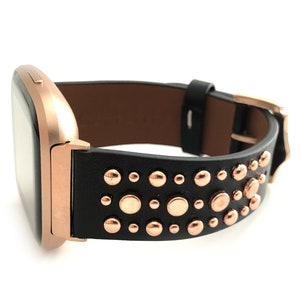 SUNDANCE FITBIT black leather with gold silver or rose gold studs for fitbit versa 1 versa 2 versa 3 Sense 22mm watch band
