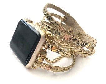 Correa Boho para Apple Watch, correa metálica dorada envolvente estilo boho de 40 mm, 41 mm, 42 mm, 44 mm, 45 mm, correa dorada para Apple Watch, correa para Apple Watch de 42 mm para mujer.