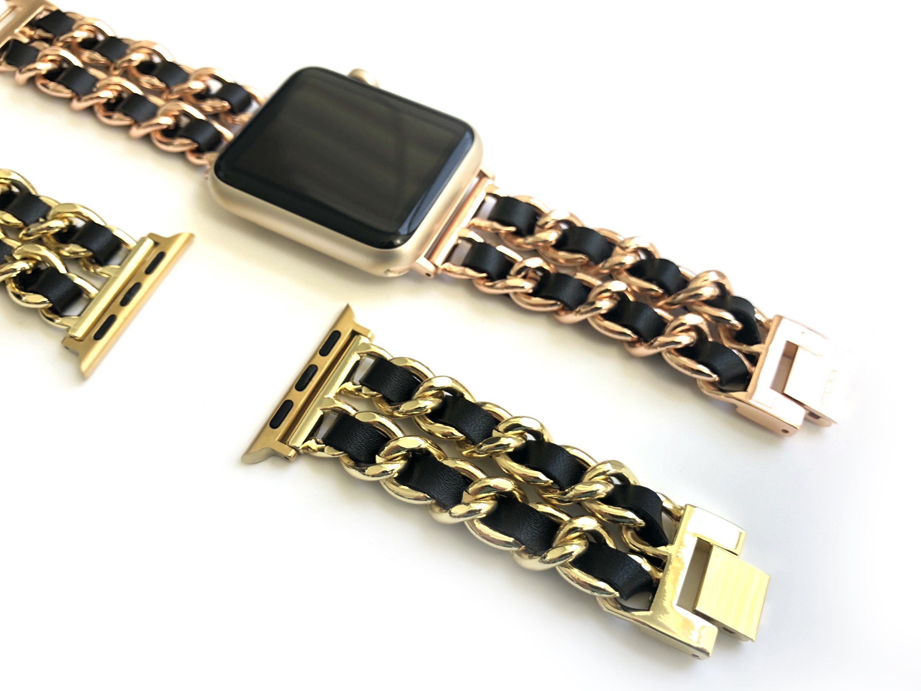 DESIGNER Chain & Leather Rose Gold, Gold or Silver Apple  display picture 1