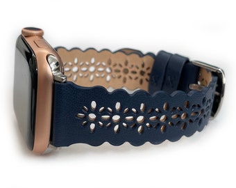 Correa de cuero con encaje para Apple Watch, correa de Apple Watch para mujer cortada con láser, linda correa de Apple Watch de 38 mm 40 mm 41 mm 42 mm 44 mm 45 mm 46 mm 49 mm 1-11 y SE