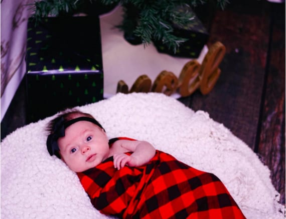 Large swaddle blanket Buffalo Plaid Swaddle Set red and black plaid Blanket and Knotted Hat Set lumberjack receiving Blanket and Hat Set