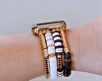 Correa elástica con cuentas REPUTATION para Apple Watch de mujer, color negro, blanco y dorado. Correa para Apple Watch de mujer con cuentas, tallas 38, 40, 41, 42, 44, 45, 46 y 49.