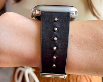The Celebrity Black leather with gold, silver, rose gold studded for Fitbit Watch Band Versa 1, Versa 2, Versa 3, Sense fitbit watch strap