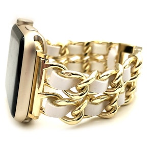 DESIGNER chain & leather Rose gold, gold or silver Apple Watch band, 38mm 40mm 41mm 42mm 44mm 45mm 49mm women apple watch bands series 1-9