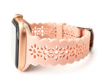 Correa de silicona con encaje para Apple Watch, correa de Apple Watch para mujer cortada con láser, linda correa para Apple Watch de 38 mm, 40 mm, 41 mm, 42 mm, 44 mm, 45 mm, series 1-11 y SE