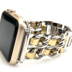 DESIGNER chain & leather Rose gold, gold or silver Apple Watch band, 38mm 40mm 41mm 42mm 44mm 45mm 49mm women apple watch bands series 1-10