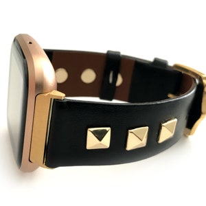 ROCKSTAR FITBIT black leather with gold silver or rose gold studs for fitbit versa 1 versa 2 versa 3 Versa 4 Sense  Sense 2 22mm watch band