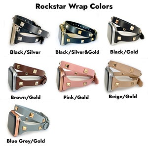 May include: Six different colour variations of a double wrap watch band with gold studs. The band is shown wrapped around a silver, gold, or rose gold watch face. The colours are black/silver, black/silver and gold, black/gold, brown/gold, pink/gold, and beige/gold.
