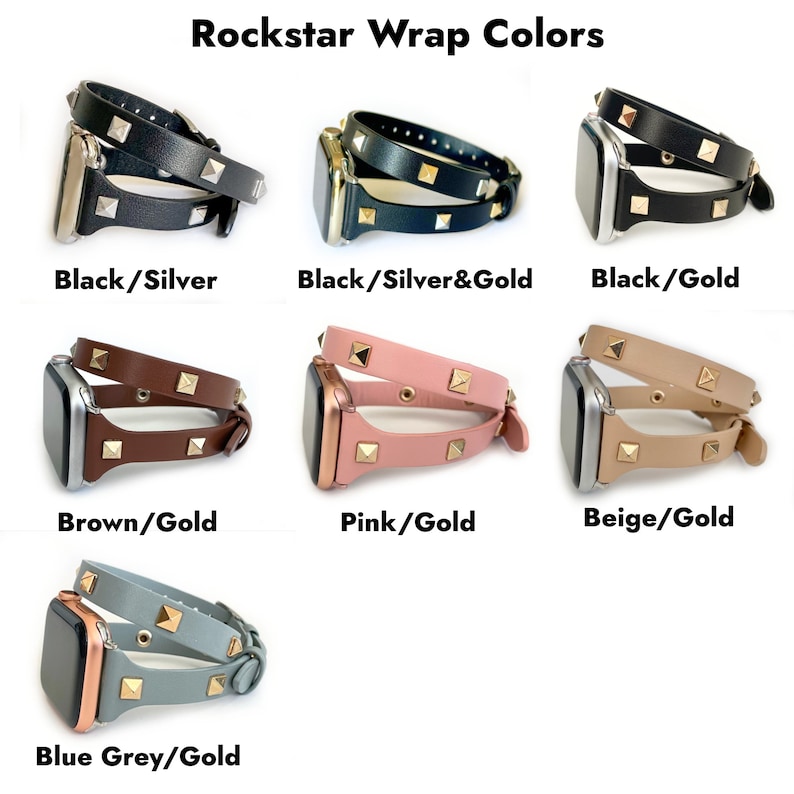 May include: Six different colour variations of a double wrap watch band with gold studs. The band is shown wrapped around a silver, gold, or rose gold watch face. The colours are black/silver, black/silver and gold, black/gold, brown/gold, pink/gold, and beige/gold.