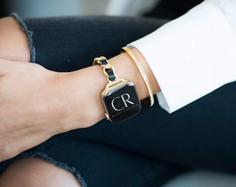 NARROW DESIGNER chain & leather Rose gold, gold or silver Apple Watch band 38mm 40mm 41mm 42mm 44mm 45mm 46mm 49mm women apple watch 1-11
