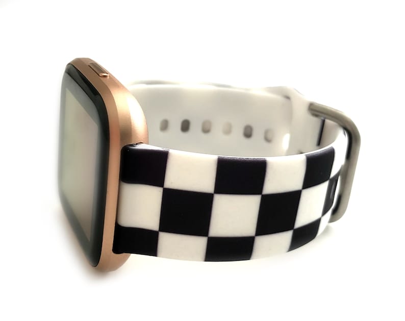 black and white checkered silicone band for Fitbit Versa and Sense watches and universal watches that fit 20mm or 22mm watch bands