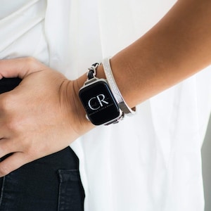 NARROW DESIGNER chain & leather Rose gold, gold or silver Apple Watch band 38mm 40mm 41mm 42mm 44mm 45mm 46mm 49mm women apple watch 1-11