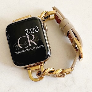Country Club, chain & leather Apple watch band, gold or silver Watch band for Apple watch, 38, 40, 41, 42, 44, 45 46 49mm women's watch band