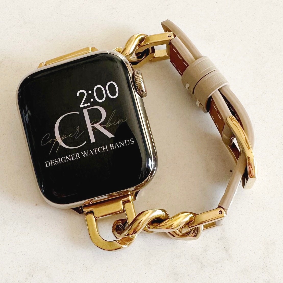 カントリークラブ、チェーン＆レザー製Apple Watchバンド、ゴールド