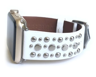 SUNDANCE white leather with gold, silver or rose gold studs Women's Fitbit Watch Band, Versa 1, Versa 2, Versa 3, Sense, studded watch bands
