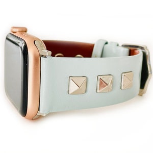 Bracelet-montre Samsung en cuir vert menthe ROCKSTAR avec clous dorés, roses et argentés Bracelet-montre Samsung pour femme avec clous Bracelet-montre universel 20 mm et 22 mm