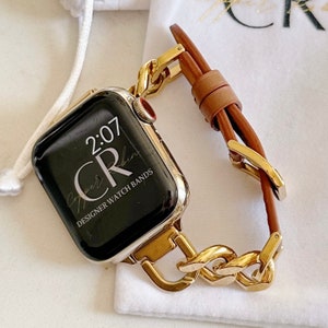 Country Club, chain & leather Apple watch band, gold or silver Watch band for Apple watch, 38, 40, 41, 42, 44, 45 46 49mm women's watch band