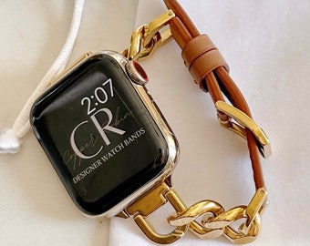 May include: A gold chain watch band with a brown leather strap. The watch face is black with white text that reads "2:07 CR Designer Watch Bands".