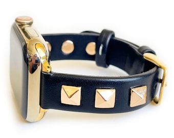 Correa estrecha de cuero Rockstar con tachuelas doradas para Apple Watch, correa para Apple Watch de mujer de 38 mm, 40 mm, 41 mm, 42 mm, 44 mm, 45 mm, 46 mm y 49 mm.