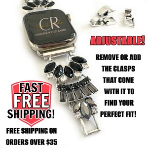 Puede incluir: Una pulsera de reloj negra y plateada con adornos de cristal. La pulsera es ajustable y viene con cierres adicionales. El texto "CR Designer Watch Bands" est&aacute; impreso en la esfera del reloj. "&iexcl;ENV&Iacute;O R&Aacute;PIDO GRATIS! ENV&Iacute;O GRATIS EN PEDIDOS SUPERIORES A 35 &euro;" est&aacute; impreso en un cuadrado rojo.