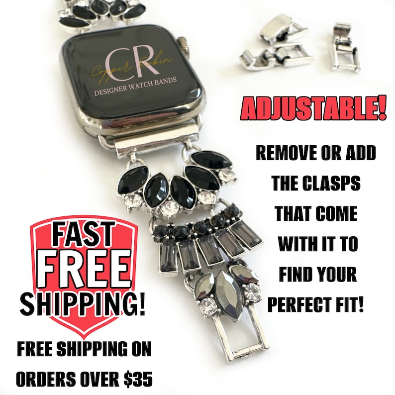 Puede incluir: Una pulsera de reloj negra y plateada con adornos de cristal. La pulsera es ajustable y viene con cierres adicionales. El texto "CR Designer Watch Bands" est&aacute; impreso en la esfera del reloj. "&iexcl;ENV&Iacute;O R&Aacute;PIDO GRATIS! ENV&Iacute;O GRATIS EN PEDIDOS SUPERIORES A 35 &euro;" est&aacute; impreso en un cuadrado rojo.
