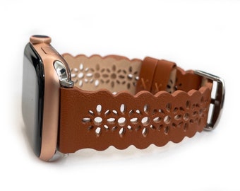 Correa de cuero con encaje para Apple Watch, correa de Apple Watch para mujer cortada con láser, linda correa de Apple Watch de 38 mm 40 mm 41 mm 42 mm 44 mm 45 mm 46 mm 49 mm 1-11 y SE