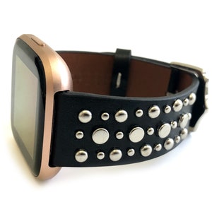 SUNDANCE FITBIT black leather with gold silver or rose gold studs for fitbit versa 1 versa 2 versa 3 Sense 22mm watch band