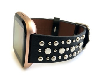 SUNDANCE FITBIT zwart leer met goudzilveren of roségouden studs voor fitbit versa 1 versa 2 versa 3 Sense 22 mm-horlogeband