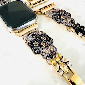 Correa SUGAR SKULL para Apple Watch, correa con joyas de ónix para Apple Watch, correa para Apple Watch de mujer para Apple Watch de 38 mm, 40 mm, 41 mm, 42 mm, 44 mm, 45 mm y 46 mm