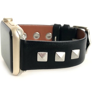 ROCKSTAR black leather watch band with gold, silver or rose gold studs for Google Pixel 2 Watch, Google Pixel 2 watch band Unisex, 20mm wide