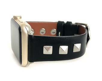 ROCKSTAR Uhrenarmband schwarz Leder mit Nieten in gold, silber oder rosegold für Google Pixel 2 Uhr, Google Pixel 2 Uhrenarmband Unisex, 20 mm breit
