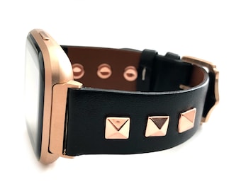 ROCKSTAR FITBIT zwart leer met goudzilveren of roségouden studs voor fitbit versa 1 versa 2 versa 3 Sense 22 mm horlogeband