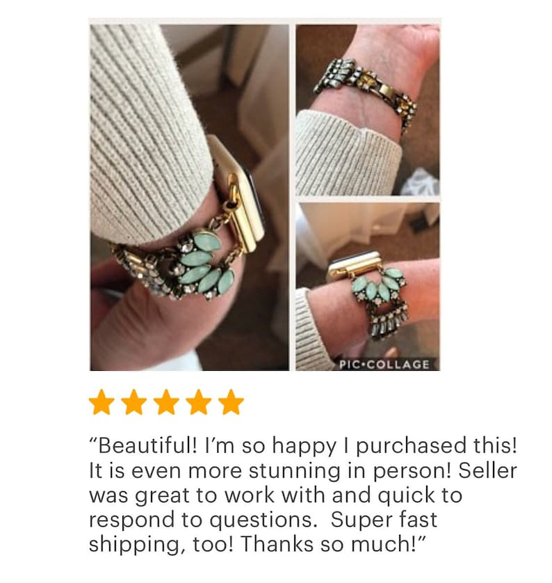 Puede incluir: Una pulsera de reloj de oro y plata con un dise&ntilde;o de cristal azul claro y transparente. La pulsera se muestra en la mu&ntilde;eca de una persona. "&iexcl;Preciosa! &iexcl;Estoy tan contenta de haberla comprado! &iexcl;Es a&uacute;n m&aacute;s impresionante en persona! El vendedor fue genial para trabajar con &eacute;l y respondi&oacute; r&aacute;pidamente a mis preguntas. &iexcl;El env&iacute;o fue s&uacute;per r&aacute;pido! &iexcl;Muchas gracias!"