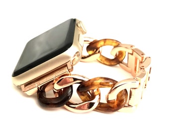 COUTURE chain and tortoise Apple Watch band, rose gold and brown Apple Watch Band, apple watch band women, 38, 40, 41, 42, 44, 45, 46, 49mm