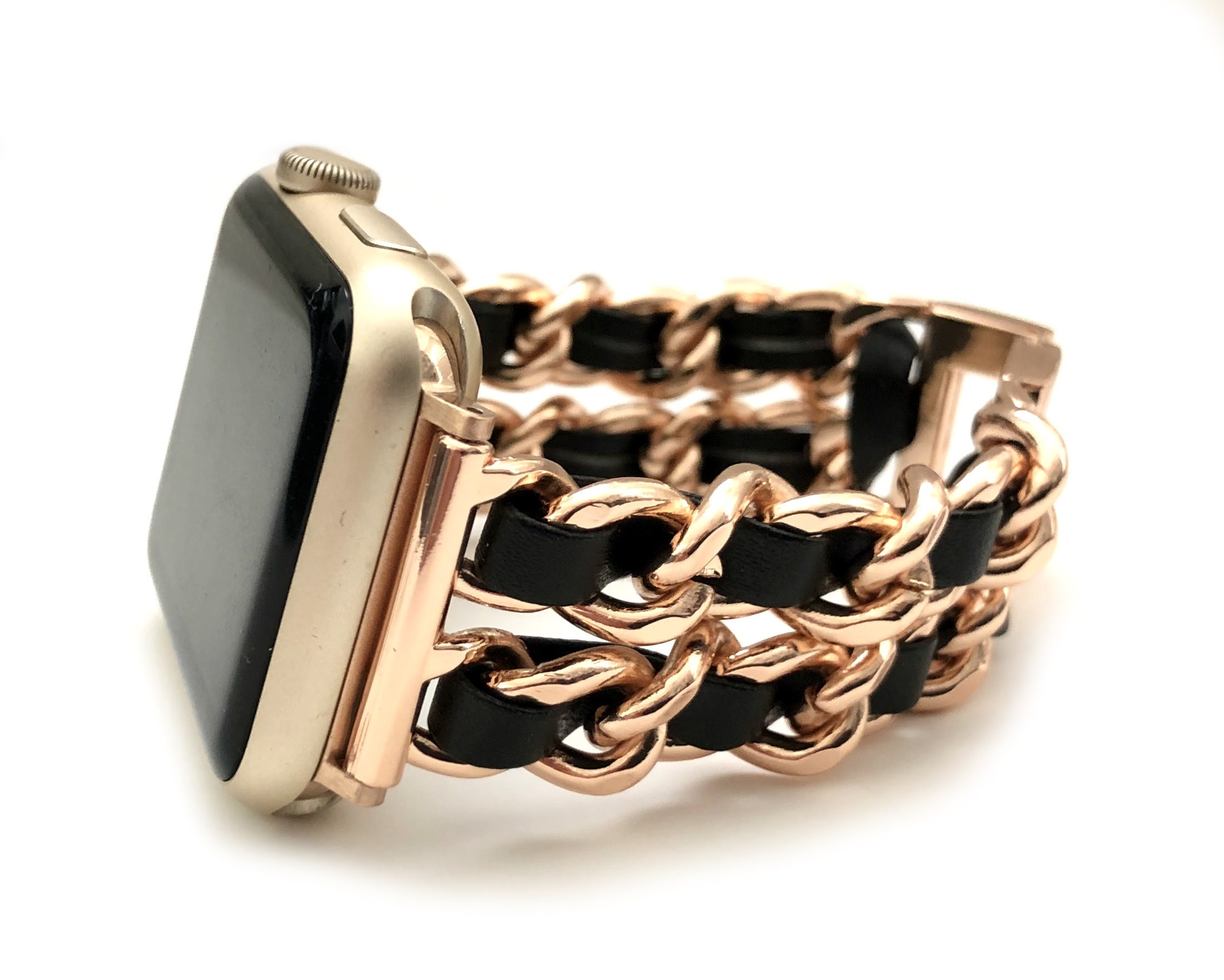 DESIGNER Chain & Leather Rose Gold, Gold or Silver Apple  display picture 2