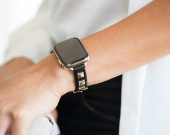 Correa estrecha de cuero Rockstar con tachuelas doradas para Apple Watch, correa para Apple Watch de mujer de 38 mm, 40 mm, 41 mm, 42 mm, 44 mm, 45 mm, 46 mm y 49 mm.