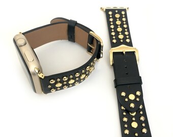 SUNDANCE black leather with metal studs Apple Watch Band women's leather studded apple watch 38mm 40mm 41mm 42mm 44mm 45mm 46mm 49mm 1-11