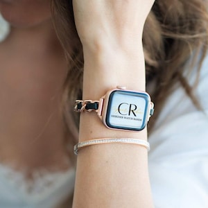 Correa de Apple Watch de oro rosa, oro o plata para mujer, cadena y cuero ESTRECHA DE DISEÑADOR, 38 mm, 40 mm, 41 mm, 42 mm, 44 mm, 45 mm, 46 mm, 49 mm, serie 1-11