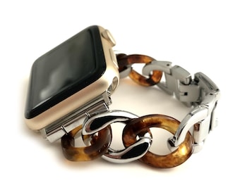 Correa COUTURE Tortoise para Apple Watch, oro, plata y oro rosa. Correa para Apple Watch de 38 mm, 40 mm, 41 mm, 42 mm y 45 mm para mujer. Correas doradas para Apple Watch.